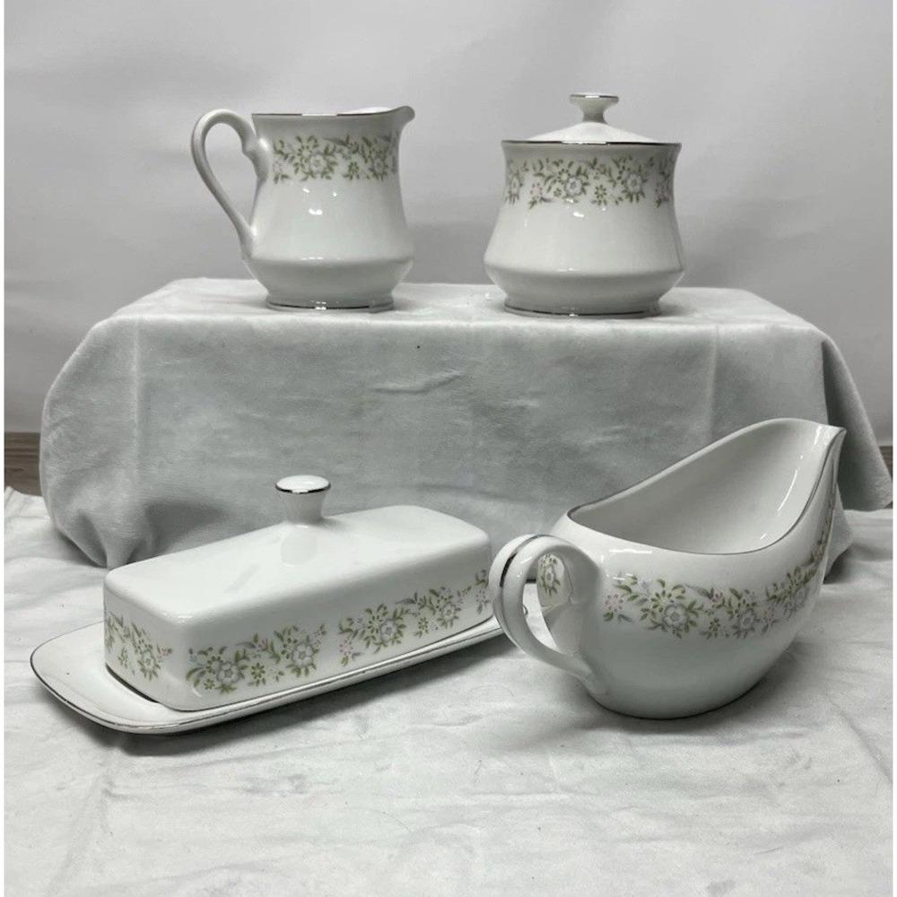 Sterling China SPRINGTIME 4 Piece Set. Creamer, Butter W/lid, Sugar W/lid, Gravy